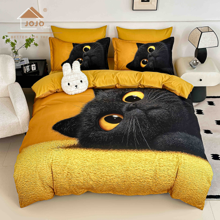 Lenjerii Finet 5D - Lenjerie de Pat Bumbac Finet 5D 6 Piese cu Elastic 180x200 – Golden Eyes Cat