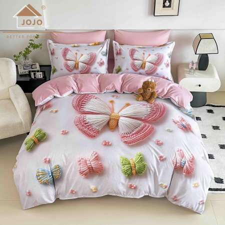 Lenjerii Finet 5D - Lenjerie de Pat Bumbac Finet 5D 6 Piese cu Elastic 180x200 – Pink Butterfly