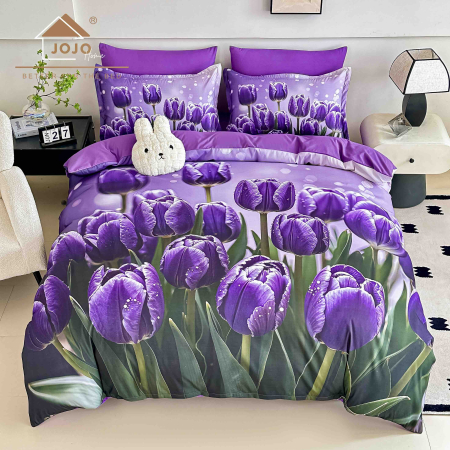 Lenjerii Finet 5D - Lenjerie de Pat Bumbac Finet 5D 6 Piese cu Elastic 180x200 – Purple Tulips