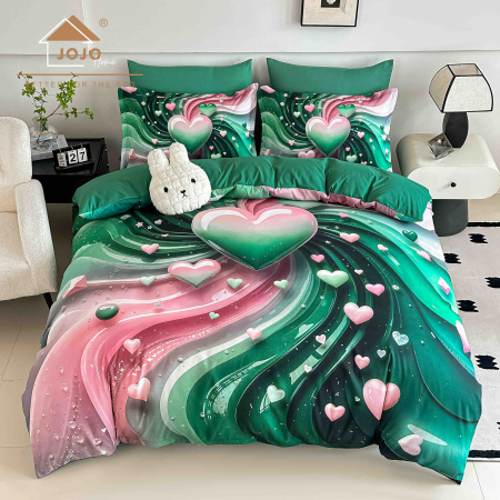 Lenjerii Finet 5D - Lenjerie de Pat Bumbac Finet 5D 6 Piese cu Elastic 180x200 – Emerald Hearts