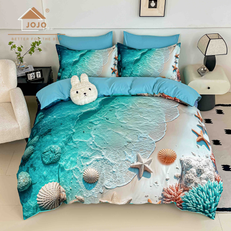 180x200 cu Elastic - Lenjerie de Pat Bumbac Finet 5D 6 Piese cu Elastic 180x200 – Turquoise Shore