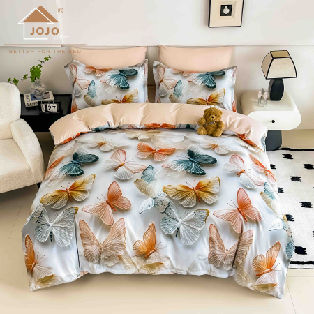 Lenjerii Finet 5D - Lenjerie de Pat Bumbac Finet 5D 6 Piese cu Elastic 180x200 – Pastel Butterflies