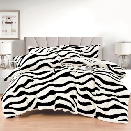 Lenjerii Cocolino - Lenjerie de Pat Cocolino Sherpa cu Elastic – 4 Piese, Model Zebra
