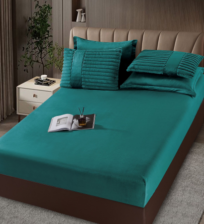 Lenjerie de pat cu Pilota Inclusa , Cearceaf cu Elastic, 6 Piese, Blană de Iepure Artificială - Verde Smarald [3]