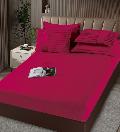 Lenjerie de pat cu Pilota Inclusa , Cearceaf cu Elastic, 6 Piese, Blană de Iepure Artificială - Visiniu [3]