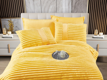 Lenjerie de pat cu Pilota Inclusa , Cearceaf cu Elastic, 6 Piese, Blană de Iepure Artificială - Galben [1]