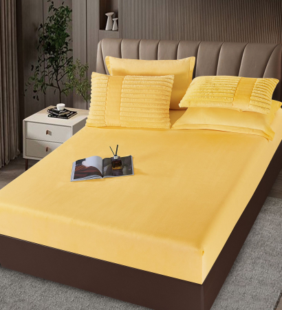 Lenjerie de pat cu Pilota Inclusa , Cearceaf cu Elastic, 6 Piese, Blană de Iepure Artificială - Galben [3]