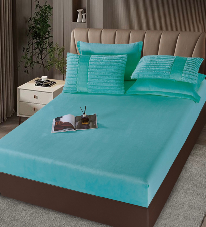 Lenjerie de pat cu Pilota Inclusa , Cearceaf cu Elastic, 6 Piese, Blană de Iepure Artificială - Turcoaz [3]