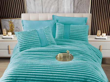 Lenjerie de pat cu Pilota Inclusa , Cearceaf cu Elastic, 6 Piese, Blană de Iepure Artificială - Turcoaz [1]