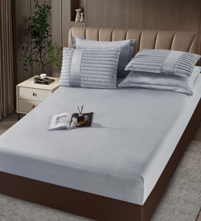 Lenjerie de pat cu Pilota Inclusa , Cearceaf cu Elastic, 6 Piese, Blană de Iepure Artificială - Gri Deschis [2]