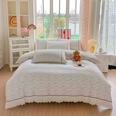 Lenjerii Premium - Lenjerie de Pat din Bumbac 100% cu Dantelă, 4 Piese, Cearșaf cu Elastic - LPBP12