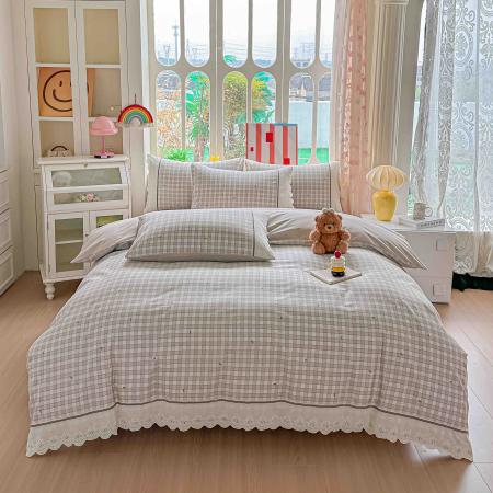 Lenjerii Premium - Lenjerie de Pat din Bumbac 100% cu Dantelă, 4 Piese, Cearșaf cu Elastic - LPBP14