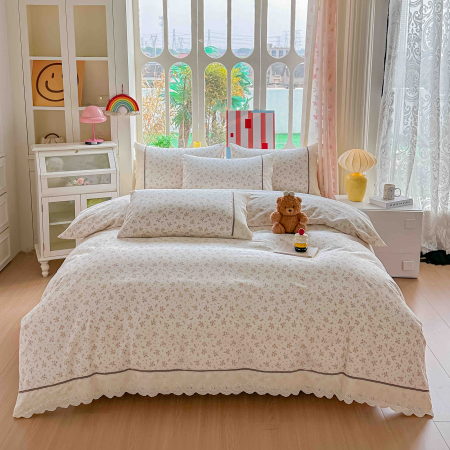 Lenjerii Premium - Lenjerie de Pat din Bumbac 100% cu Dantelă, 4 Piese, Cearșaf cu Elastic - LPBP15