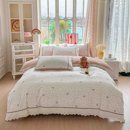 Lenjerii Premium - Lenjerie de Pat din Bumbac 100% cu Dantelă, 4 Piese, Cearșaf cu Elastic - LPBP17