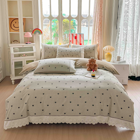 Lenjerii Premium - Lenjerie de Pat din Bumbac 100% cu Dantelă, 4 Piese, Cearșaf cu Elastic - LPBP18