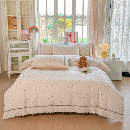 Lenjerii Premium - Lenjerie de Pat din Bumbac 100% cu Dantelă, 4 Piese, Cearșaf cu Elastic - LPBP19
