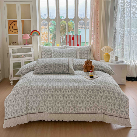 Lenjerii Premium - Lenjerie de Pat din Bumbac 100% cu Dantelă, 4 Piese, Cearșaf cu Elastic - LPBP4