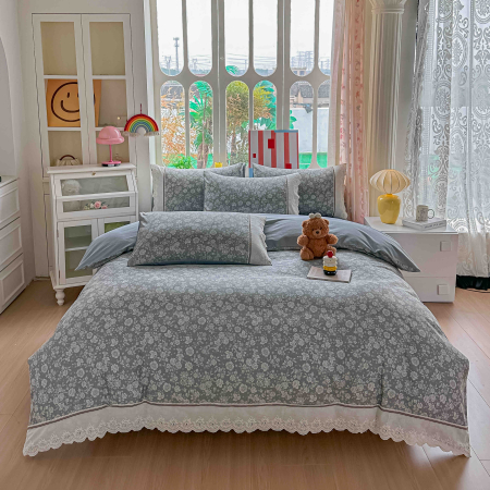 Lenjerii Premium - Lenjerie de Pat din Bumbac 100% cu Dantelă, 4 Piese, Cearșaf cu Elastic - LPBP5