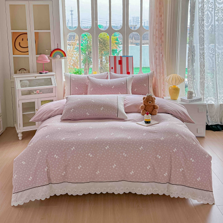 Lenjerii Premium - Lenjerie de Pat din Bumbac 100% cu Dantelă, 4 Piese, Cearșaf cu Elastic - LPBP9