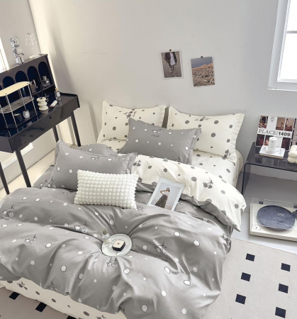 OFERTE SPECIALE - Lenjerie Din Bumbac Tip Finet 6 Piese Pentru Pat Dublu - Gri/Alb Buline