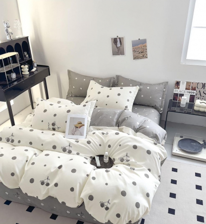 OFERTE SPECIALE - Lenjerie Din Bumbac Tip Finet 6 Piese Pentru Pat Dublu - Alb/Gri Buline