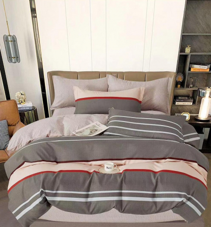 OFERTE SPECIALE - Lenjerie Din Bumbac Tip Finet 6 Piese Pentru Pat Dublu - Gri Inchis/Crem Linii
