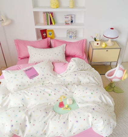 OFERTE SPECIALE - Lenjerie Din Bumbac Tip Finet 6 Piese Pentru Pat Dublu - Roz/Alb cu Buline