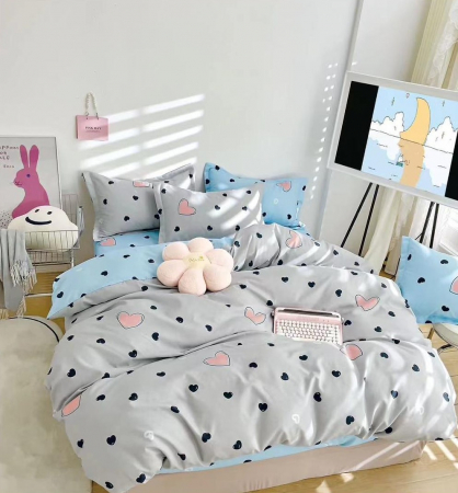 OFERTE SPECIALE - Lenjerie Din Bumbac Tip Finet 6 Piese Pentru Pat Dublu - Gri/Bleu Inimioare