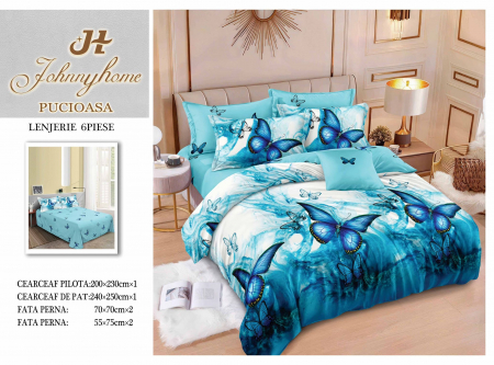 OFERTE SPECIALE - Lenjerie Din Bumbac Tip Finet 6 Piese Pentru Pat Dublu - Turcoaz cu Fluturi