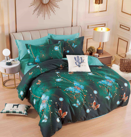 OFERTE SPECIALE - Lenjerie Din Bumbac Tip Finet 6 Piese Pentru Pat Dublu - Verde Smarald Cu Fluturi
