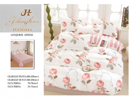 OFERTE SPECIALE - Lenjerie Din Bumbac Tip Finet 6 Piese Pentru Pat Dublu - Trandafiri Roz