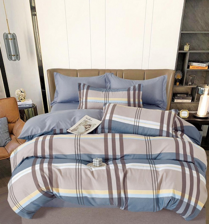 OFERTE SPECIALE - Lenjerie Din Bumbac Tip Finet 6 Piese Pentru Pat Dublu - Albastru cu Dungi