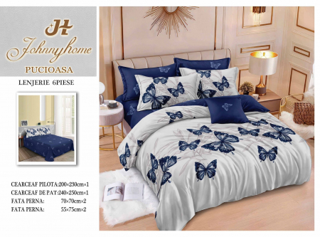 OFERTE SPECIALE - Lenjerie Din Bumbac Tip Finet 6 Piese Pentru Pat Dublu - Bleumarin cu Fluturi