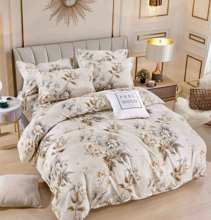 OFERTE SPECIALE - Lenjerie Din Bumbac Tip Finet 6 Piese Pentru Pat Dublu - Bej cu flori