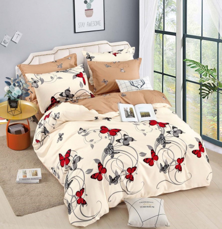 OFERTE SPECIALE - Lenjerie Din Bumbac Tip Finet 6 Piese Pentru Pat Dublu, Crem Cu Fluturi
