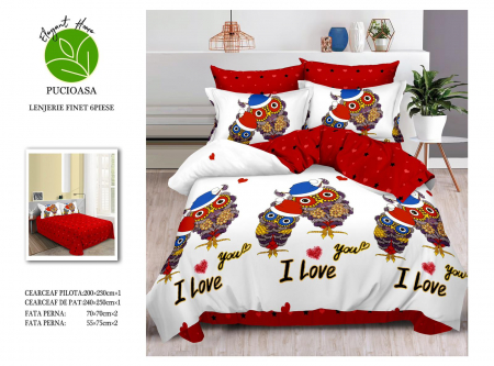 OFERTE SPECIALE - Lenjerie Din Bumbac Tip Finet 6 Piese Pentru Pat Dublu - I Love You