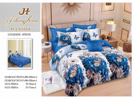 OFERTE SPECIALE - Lenjerie Din Bumbac Tip Finet 6 Piese Pentru Pat Dublu - Flututi si Flori