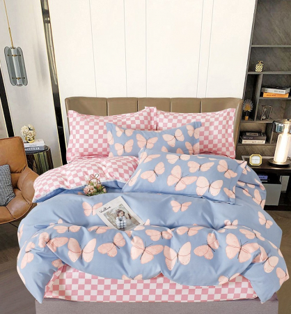 OFERTE SPECIALE - Lenjerie Din Bumbac Tip Finet 6 Piese Pentru Pat Dublu - Roz/Bleu cu Fluturi