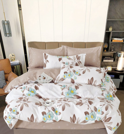 OFERTE SPECIALE - Lenjerie Din Bumbac Tip Finet 6 Piese Pentru Pat Dublu - Bej/Alb cu Flori