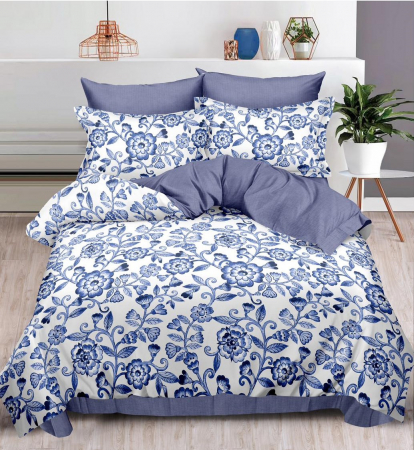 OFERTE SPECIALE - Lenjerie Din Bumbac Tip Finet 6 Piese Pentru Pat Dublu - Flori Albastre