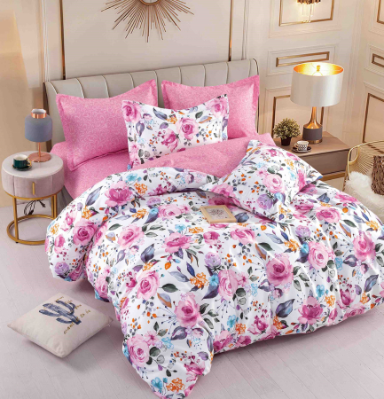 OFERTE SPECIALE - Lenjerie Din Bumbac Tip Finet 6 Piese Pentru Pat Dublu - Roz Cu Floricele