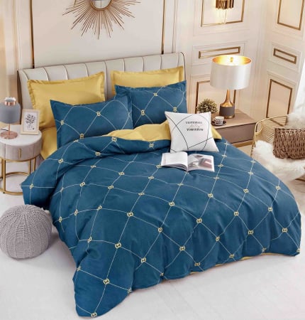 OFERTA DUO: 2 Lenjerii bumbac Finet 1+1: la 199 lei - Lenjerie Din Bumbac Tip Finet 6 Piese Pentru Pat Dublu - Turcoaz & Galben