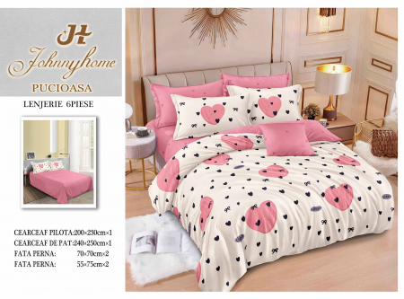 OFERTE SPECIALE - Lenjerie Din Bumbac Tip Finet 6 Piese Pentru Pat Dublu - Inimioare Roz