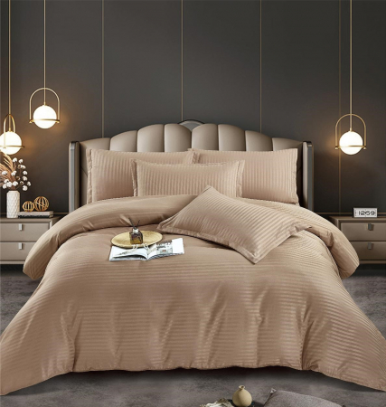 Lenjerii de Pat Bumbac 100% Damasc - Confort și Eleganță în Dormitor - Lenjerie pat dublu 100% Damasc PREMIUM, 6 Piese -  Bej