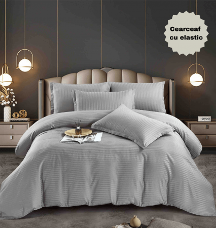 LENJERII DE PAT - Lenjerie pat dublu 100% Damasc PREMIUM, Cu Elastic, 6 Piese - Gri Deschis