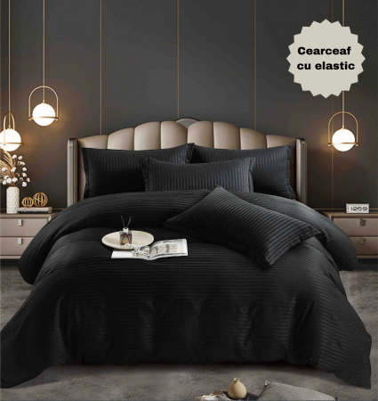 LENJERII DE PAT - Lenjerie pat dublu 100% Damasc PREMIUM, Cu Elastic, 6 Piese - Negru