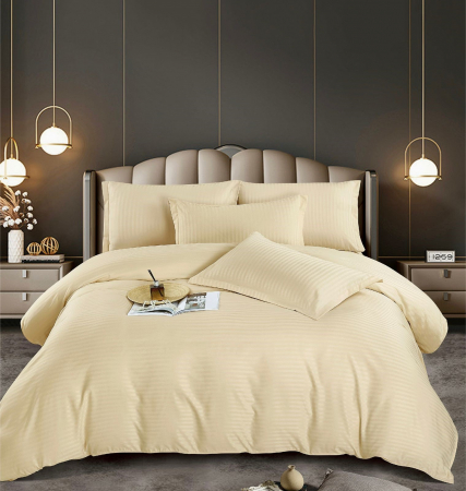 LENJERII DE PAT - Lenjerie pat dublu 100% Damasc PREMIUM, Cu Elastic, 6 Piese - Crem