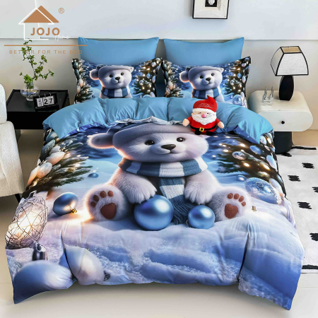 Set Lenjerie de Pat Crăciun 5D cu Elastic – 6 Piese pentru Pat Dublu, Christmas Collection
