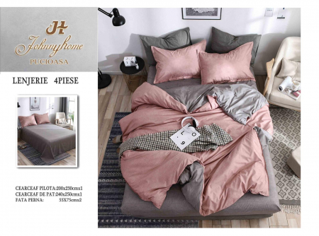 OFERTE SPECIALE - Lenjerie Pat Dublu, 4 Piese, Bumbac Satinat Superior - Gri / Roz, LP-EBSS-114