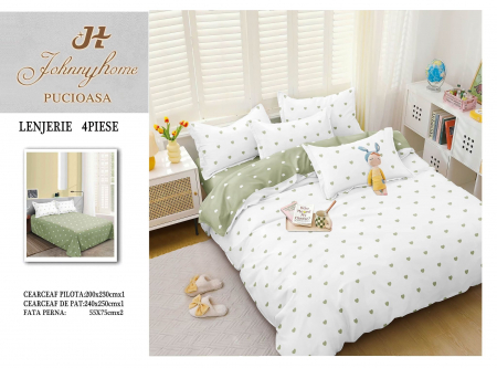 OFERTE SPECIALE - Lenjerie Pat Dublu, 4 Piese, Bumbac Satinat Superior - Alb / Verde, LP-EBSS-98
